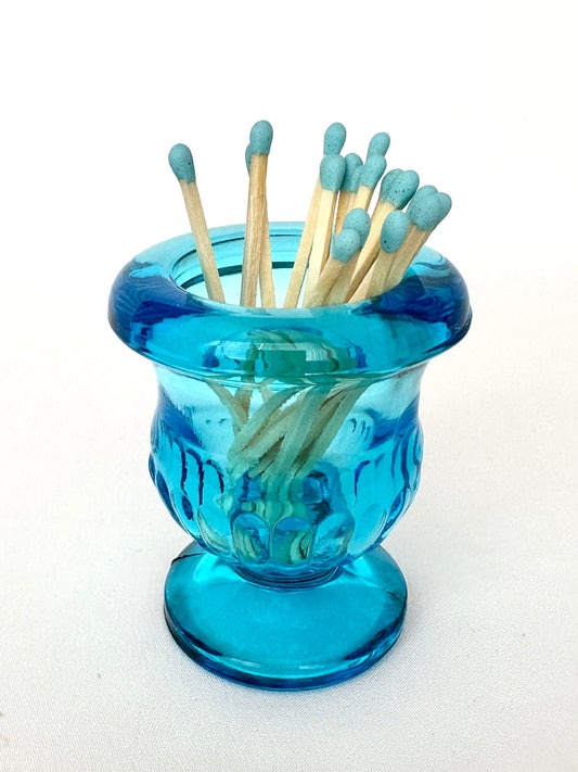 Vintage turquoise glass urn shaped matchstick vessel