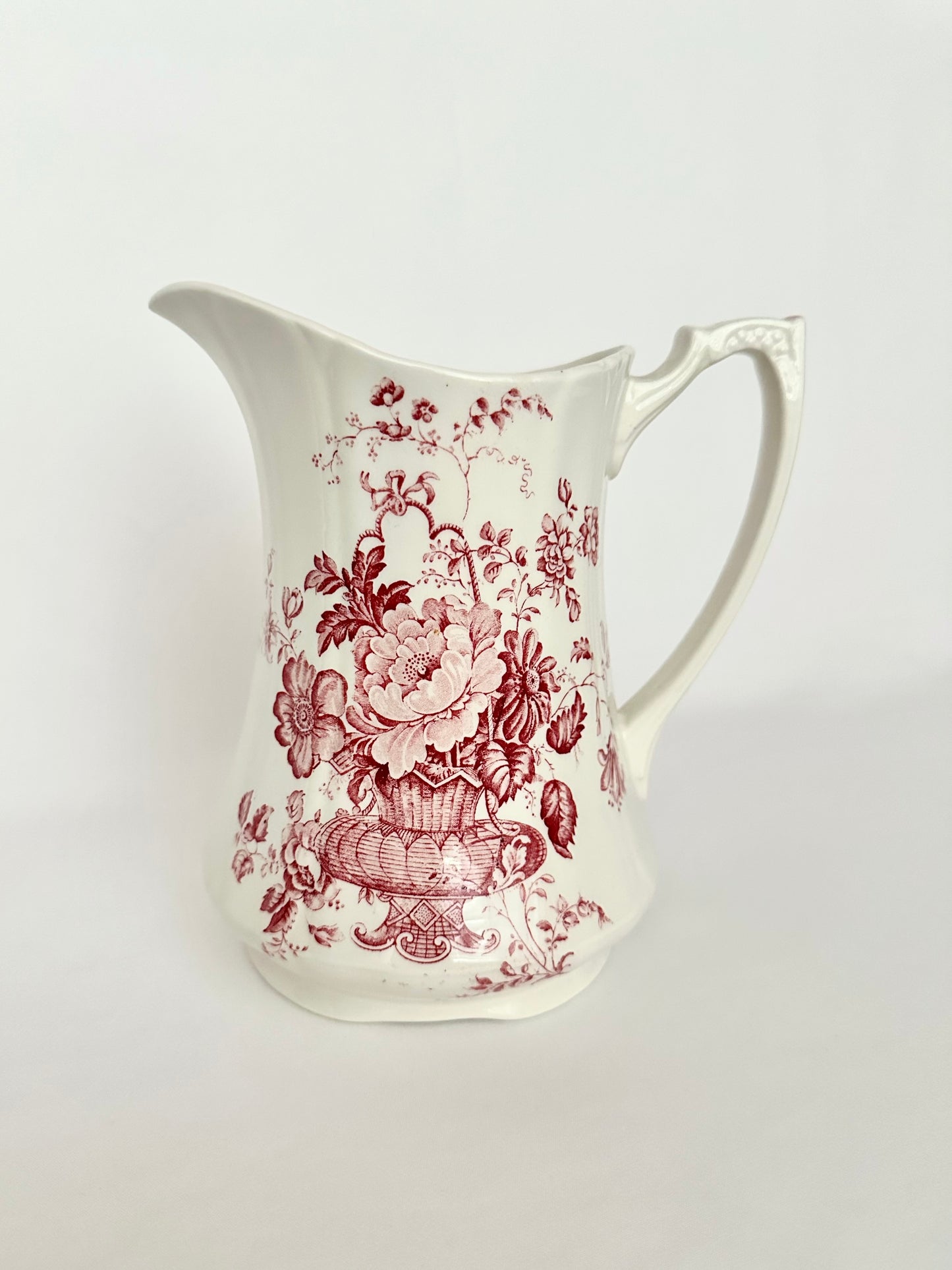 Vintage red and white floral botanical transferware ceramic pitcher.