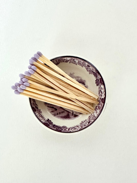 vintage small purple transferware dish paired with 20 purple tipped matchsticks