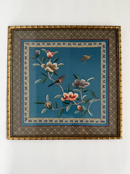 vintage framed chinoiserie style hand embroidered silk panel with bird butterfly and flowers