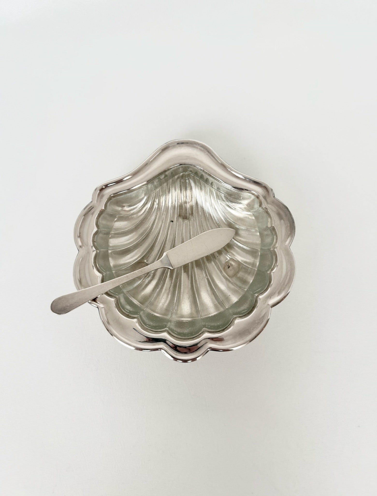 vintage silverplate butter dish with glass liner and matching silverplate knife