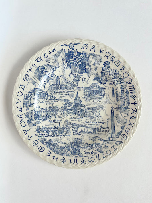 Vintage Texas souvenir plate featuring iconic images in a blue transferware pattern