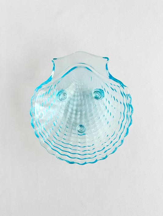 Aqua footed glass clamshell trinket dish