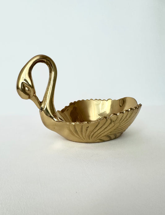 Vintage brass swan trinket bowl with feather detail