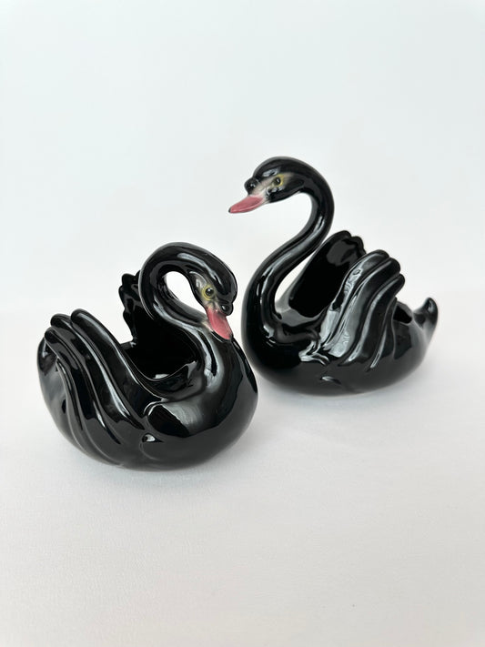vintage pair of black ceramic swan planters or containers