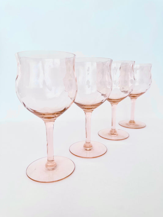 Vintage light pink optic depression glass stemmed goblets set of four.