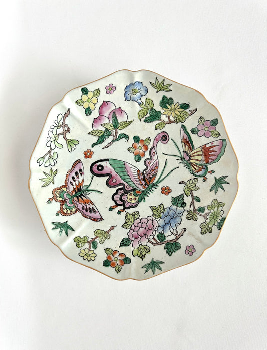 vintage chinoiserie porcelain decorative shallow bowl with hand painted butterflies and flowers