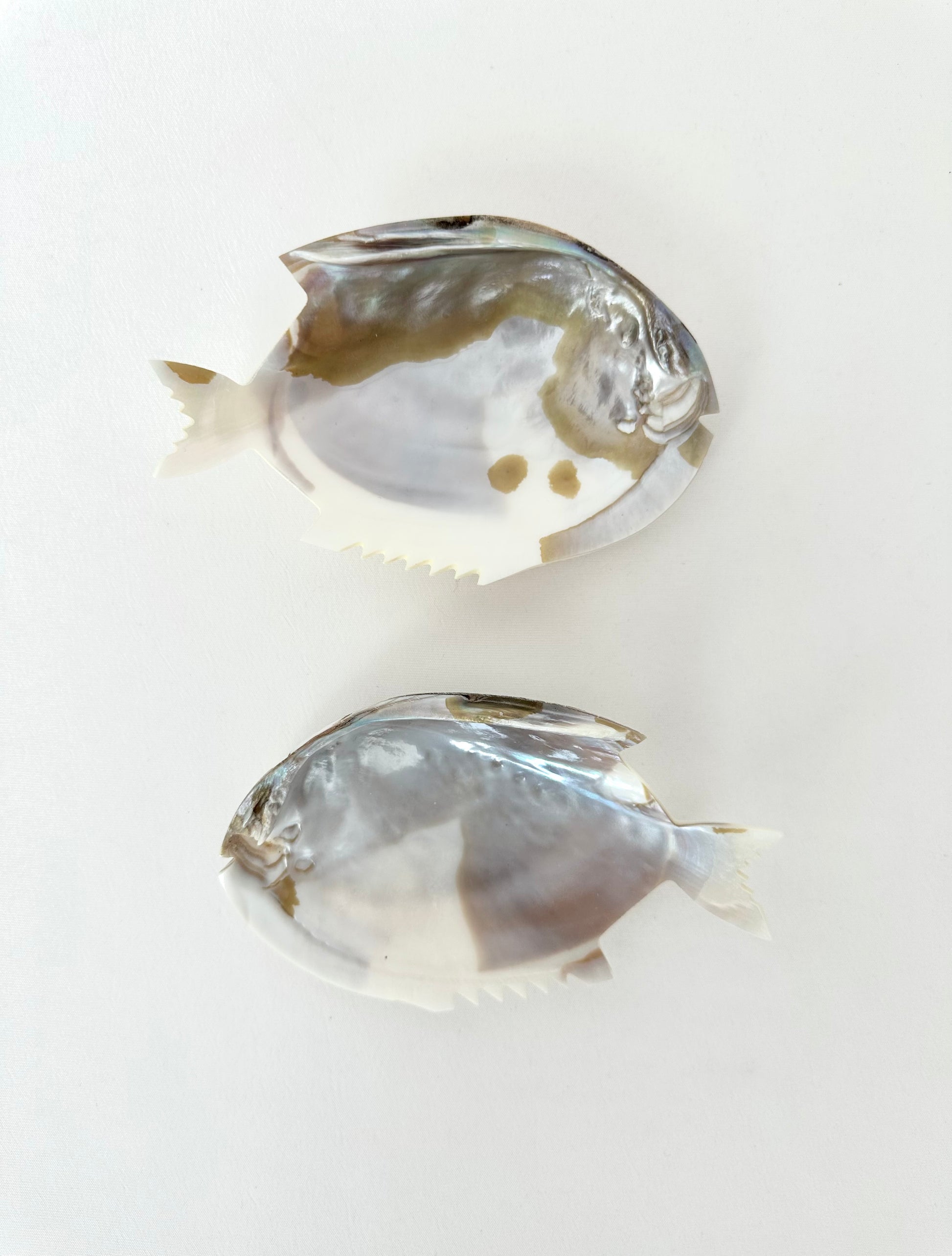 small vintage pair of Mother of Pearl carved fish trinket dishes