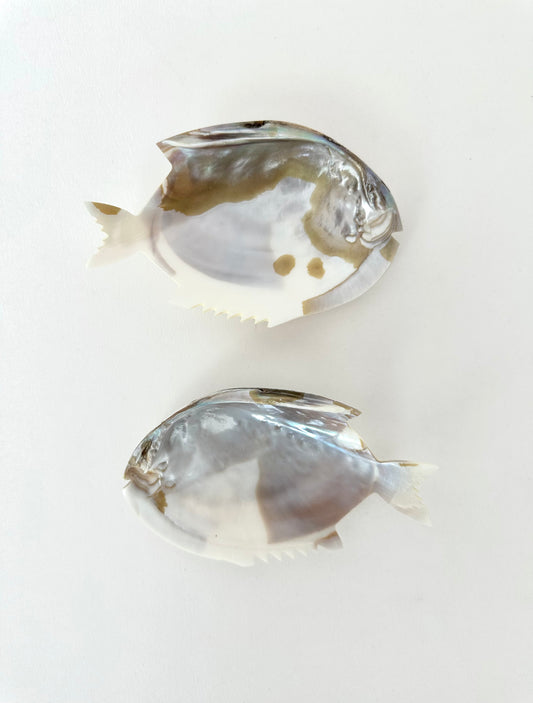 small vintage pair of Mother of Pearl carved fish trinket dishes