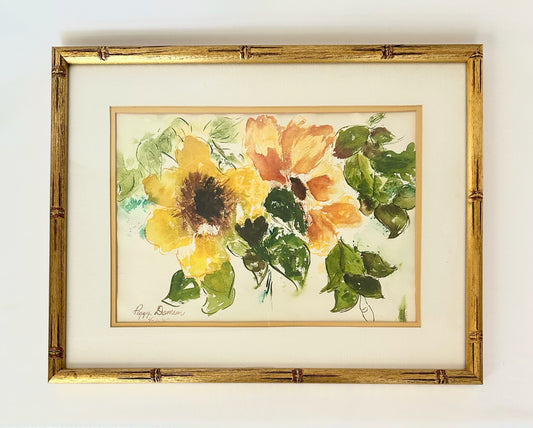 vintage framed, glass front original signed watercolor painting of sunflowers