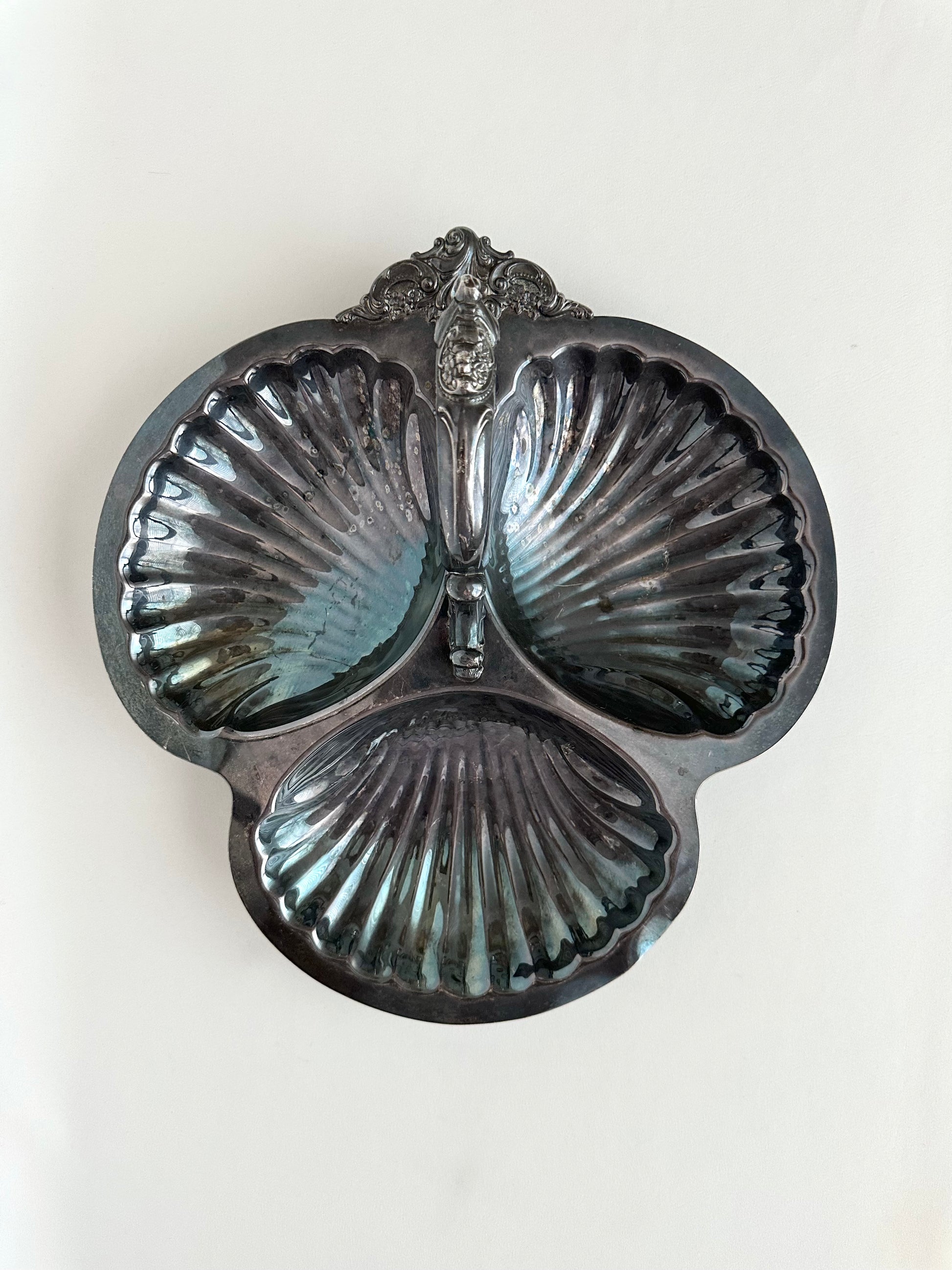 vintage silverplate shell serving dish with heavy patina