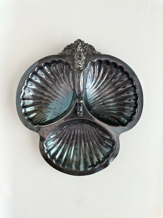 vintage silverplate shell serving dish with heavy patina