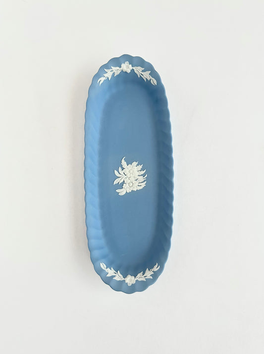 vintage blue bisque porcelain oblong trinket dish by Wedgwood