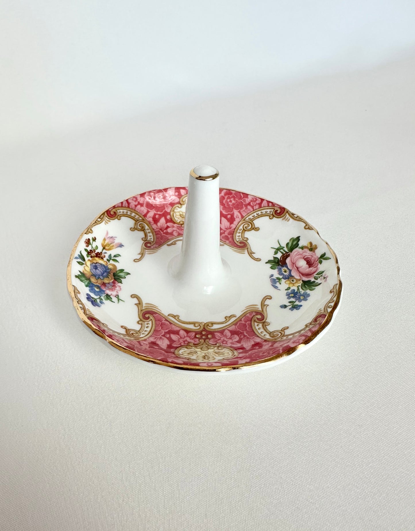 vintage bone china pink and gold floral patterned  ring dish