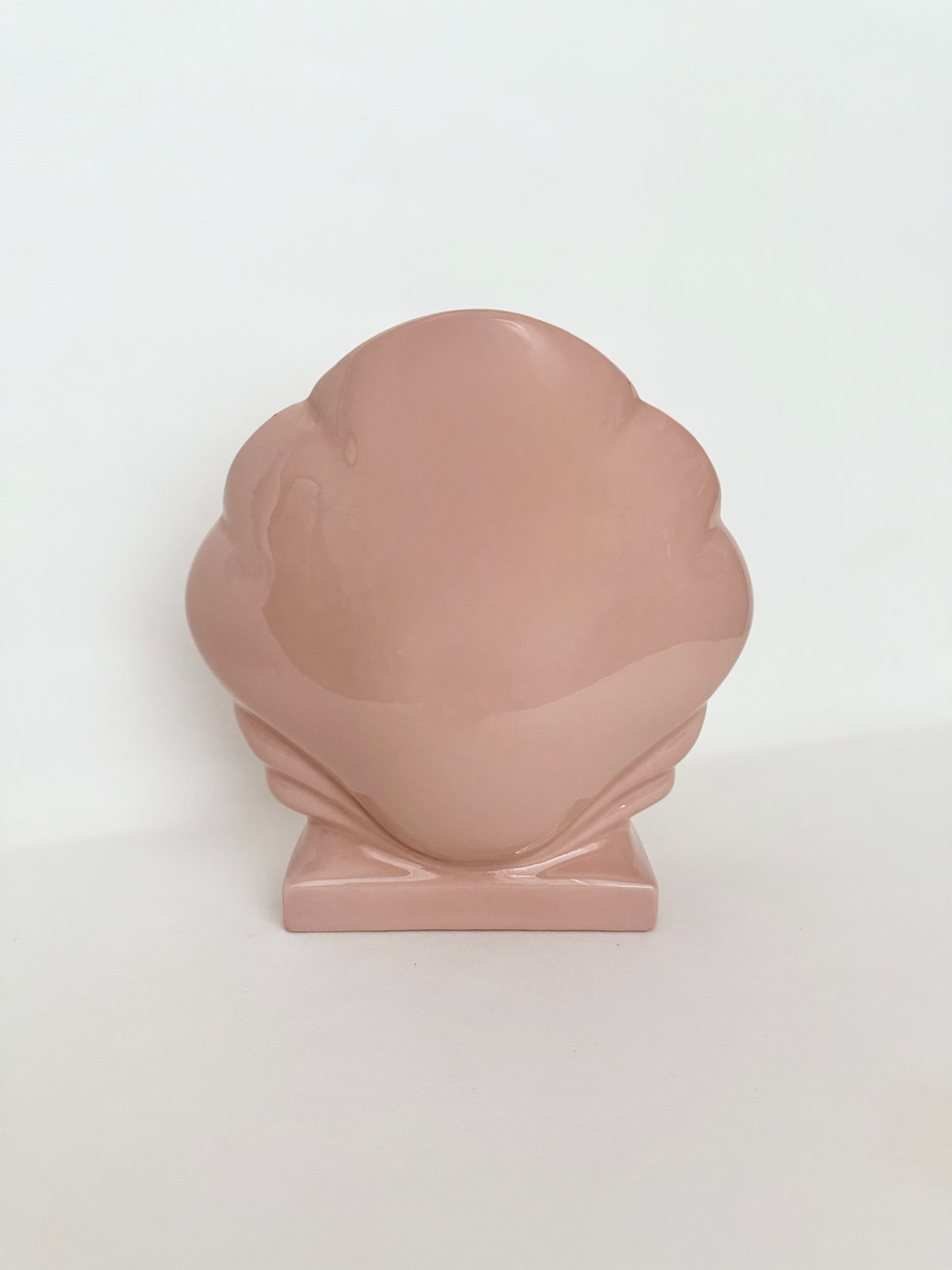 vintage dusty pink shiny ceramic art deco inspired clamshell footed vase