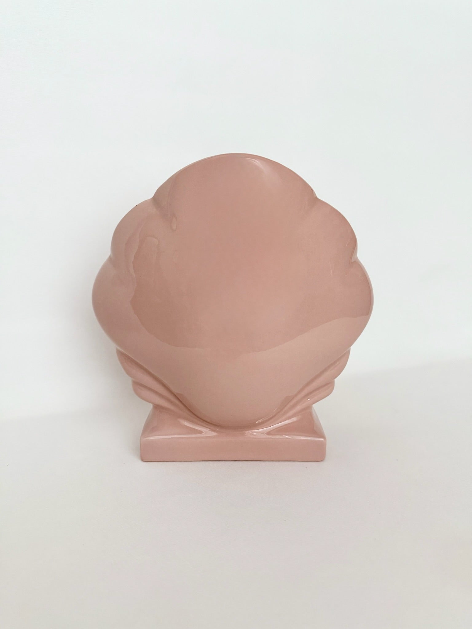 vintage dusty pink shiny ceramic art deco inspired clamshell footed vase