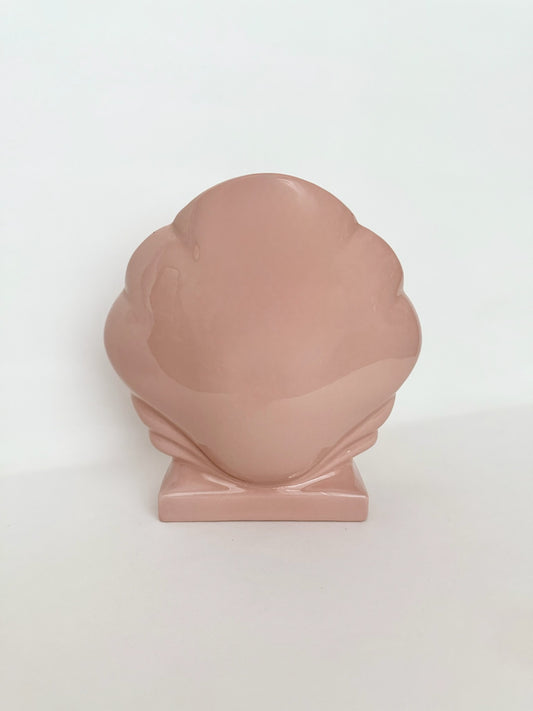 vintage dusty pink shiny ceramic art deco inspired clamshell footed vase