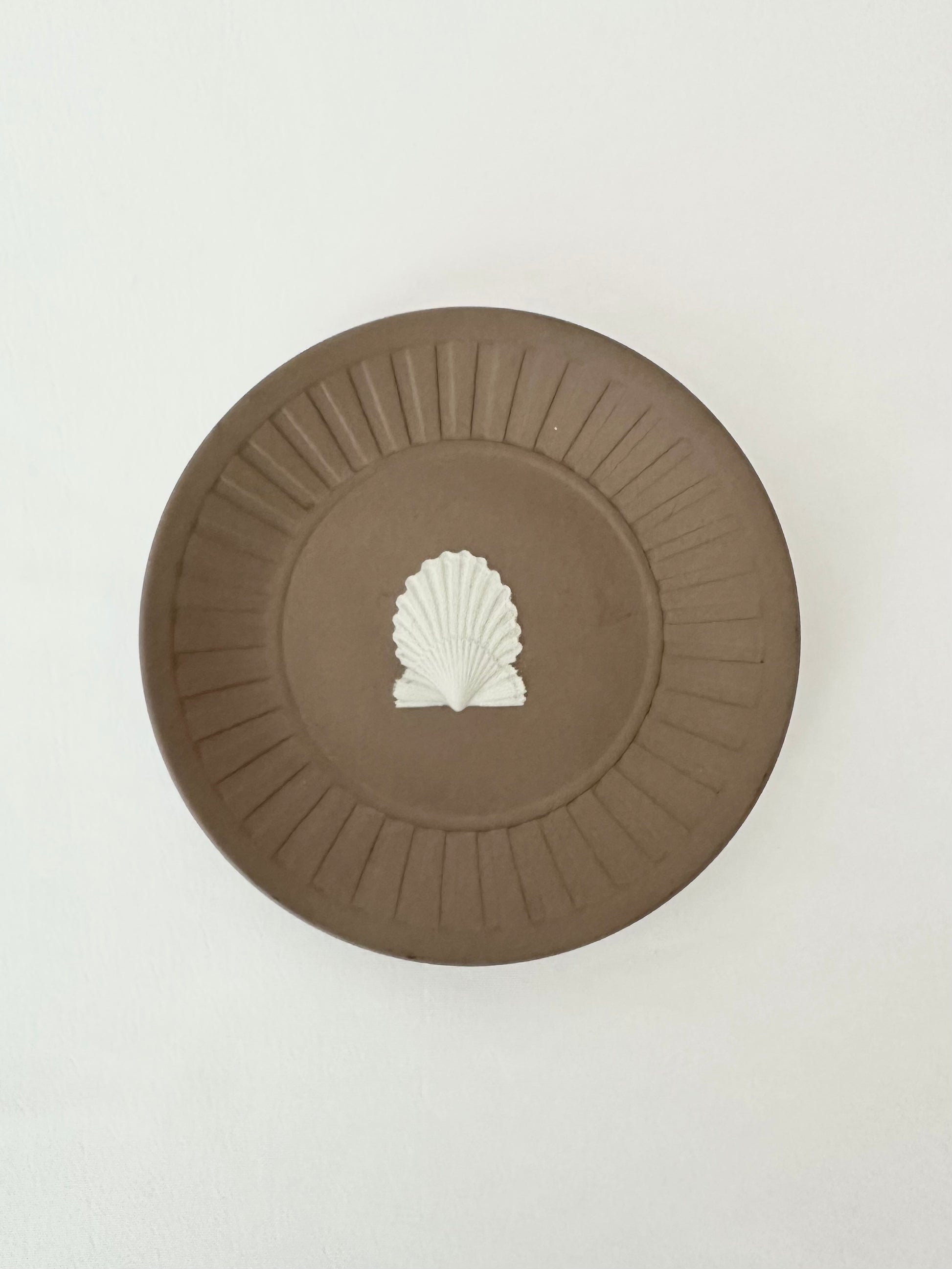 Vintage taupe colored bisque porcelain small dish with clamshell detail. Wedgwood 