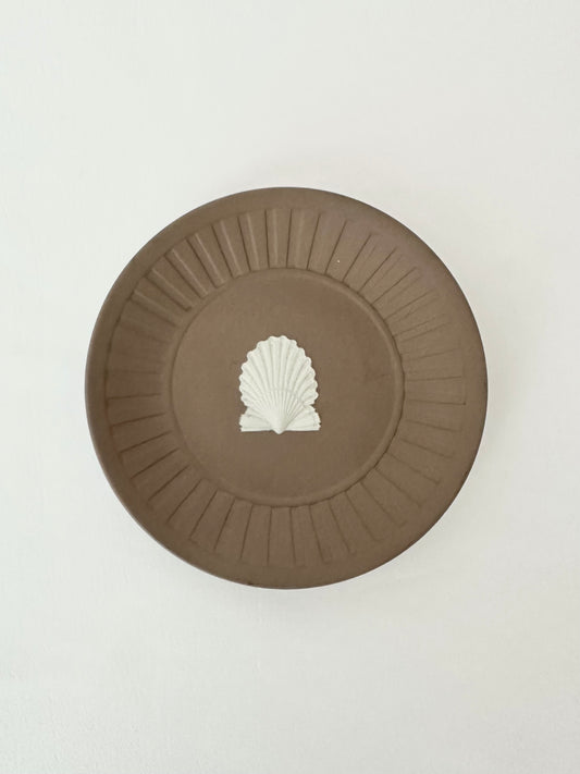 Vintage taupe colored bisque porcelain small dish with clamshell detail. Wedgwood 