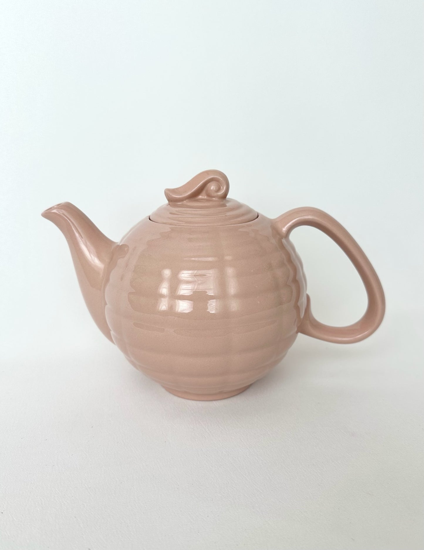 vintage light pink glazed ceramic deco style teapot with lid