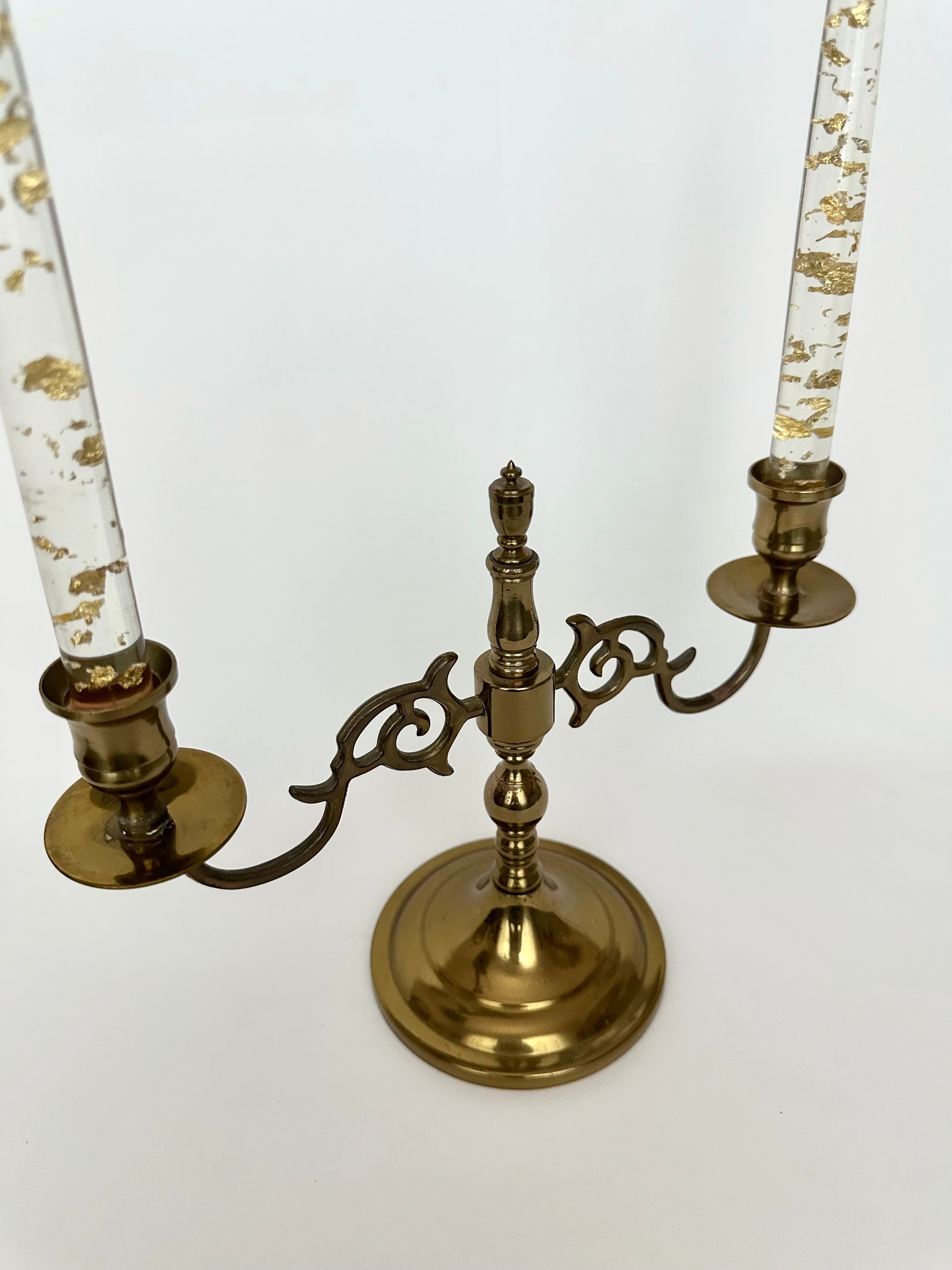 Vintage 2 arm ornate brass candlestick holder centerpiece.