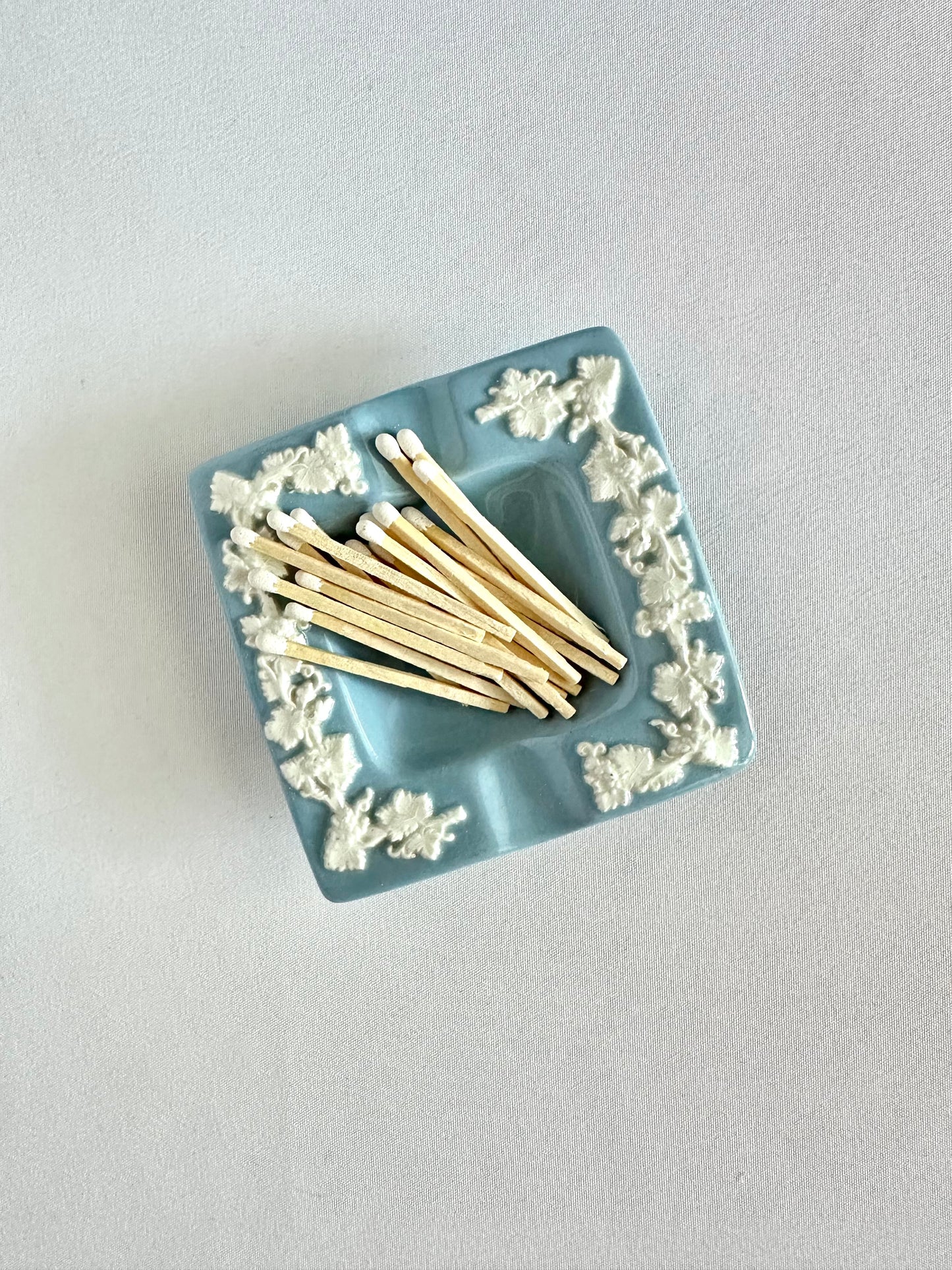 Vintage Blue Wedgwood square ashtray matchstick holder with new matchstick bundle