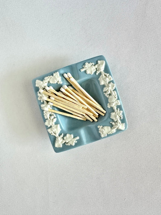 Vintage Blue Wedgwood square ashtray matchstick holder with new matchstick bundle