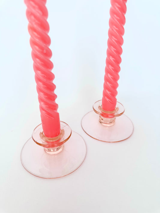 Vintage light pink depression glass candlestick holders set of two.