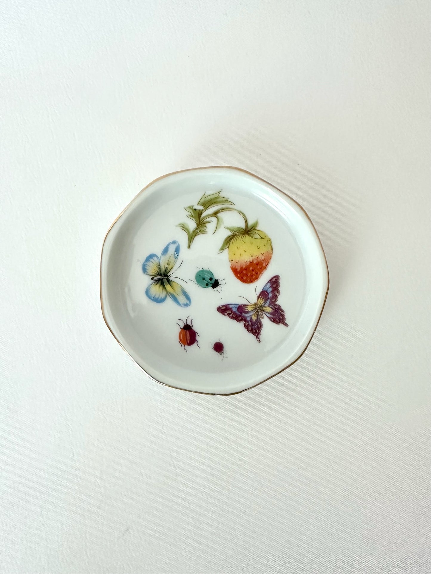 vintage small porcelain trinket ring dish with butterflies, insects and strawberry