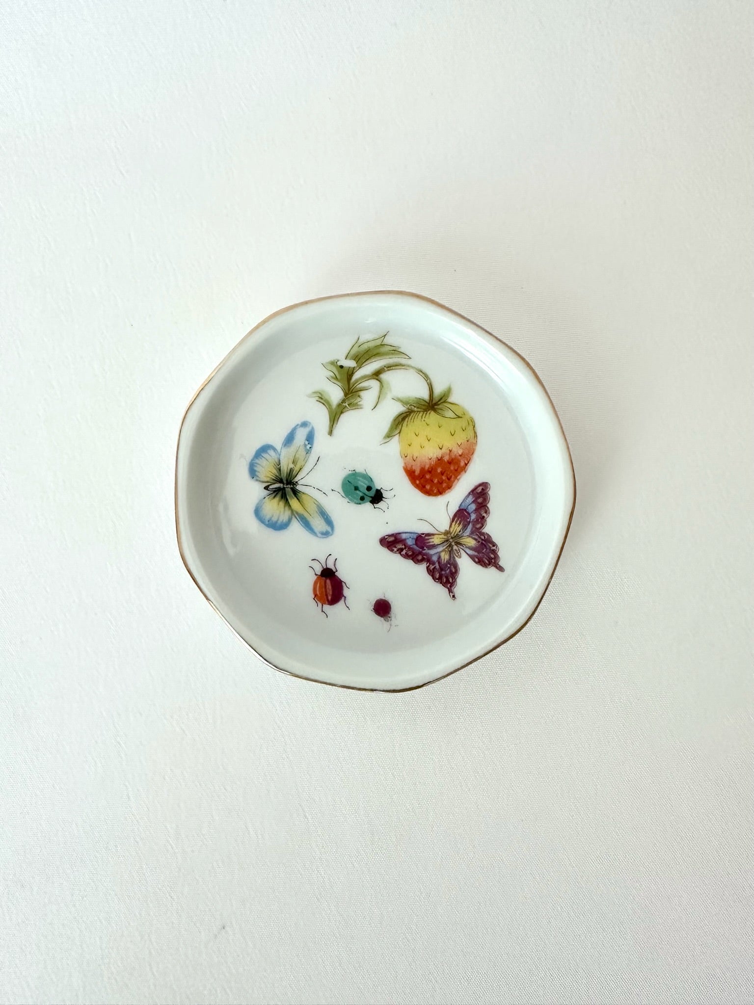 vintage small porcelain trinket ring dish with butterflies, insects and strawberry