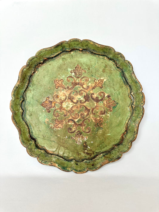 vintage green scalloped round Florentine wooden serving decorative tray