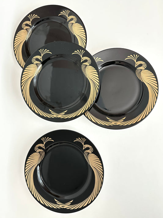 vintage black porcelain small plates featuring a gold metallic phoenix design by Fitz and Floyd set of four or set of six