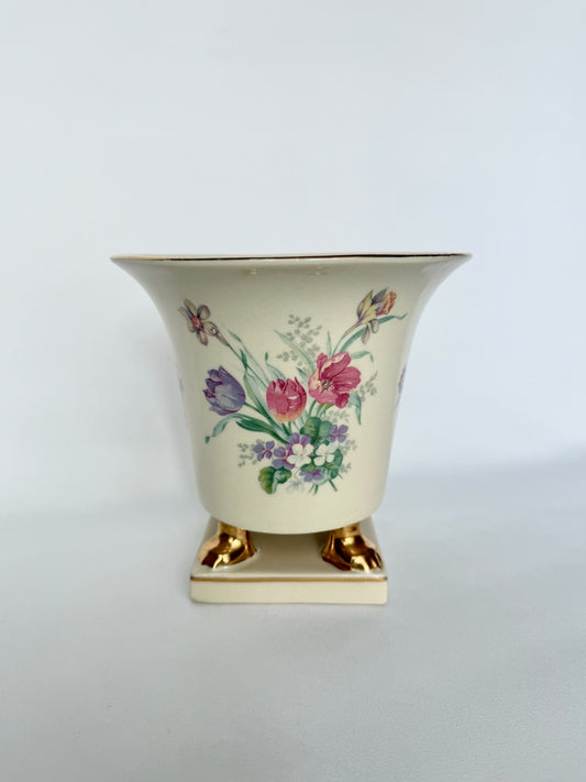 vintage ceramic gold clawfooted cache pot with hand painted flowers
