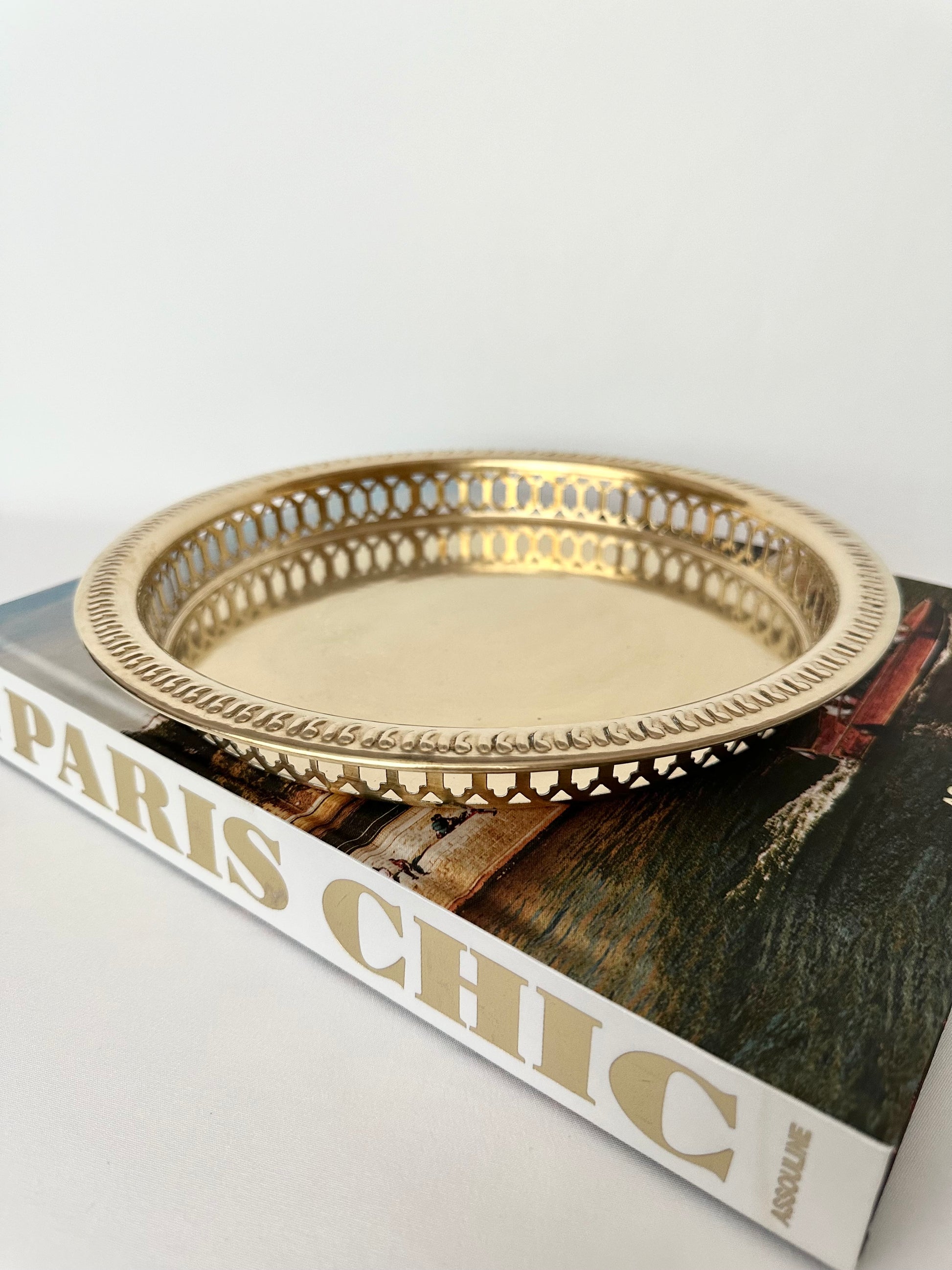 Vintage reticulated brass round gallery tray.