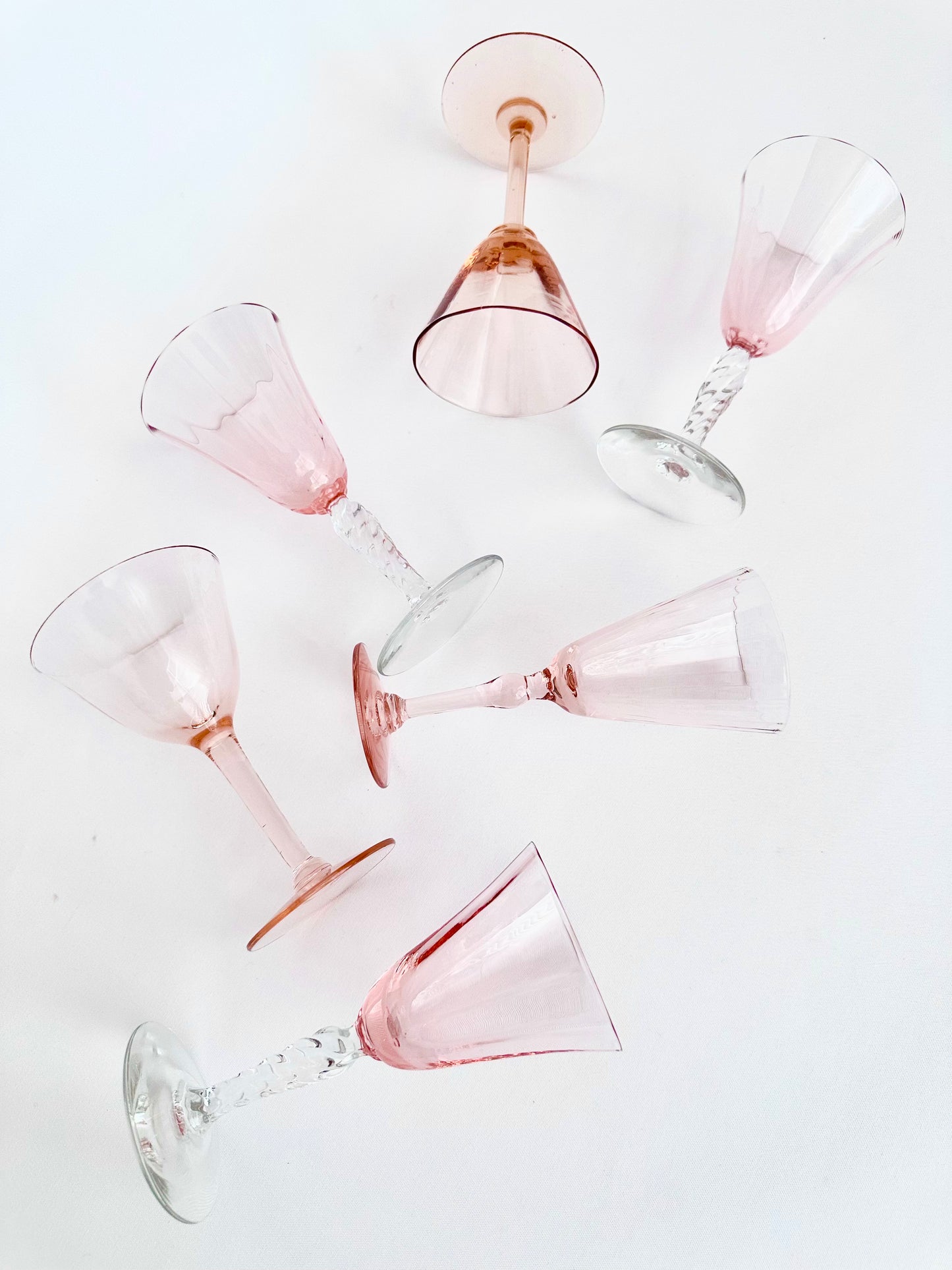 Vintage mismatched set of six light pink/blush optic depression glass cordials. 