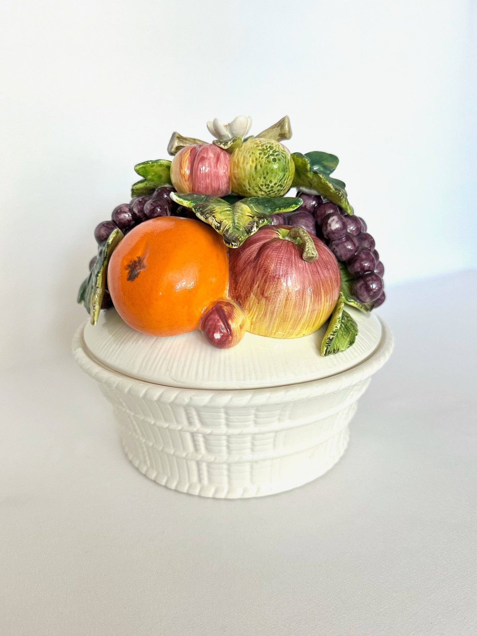 vintage ceramic lidded basket weave bowl centerpiece with hand painted fruits