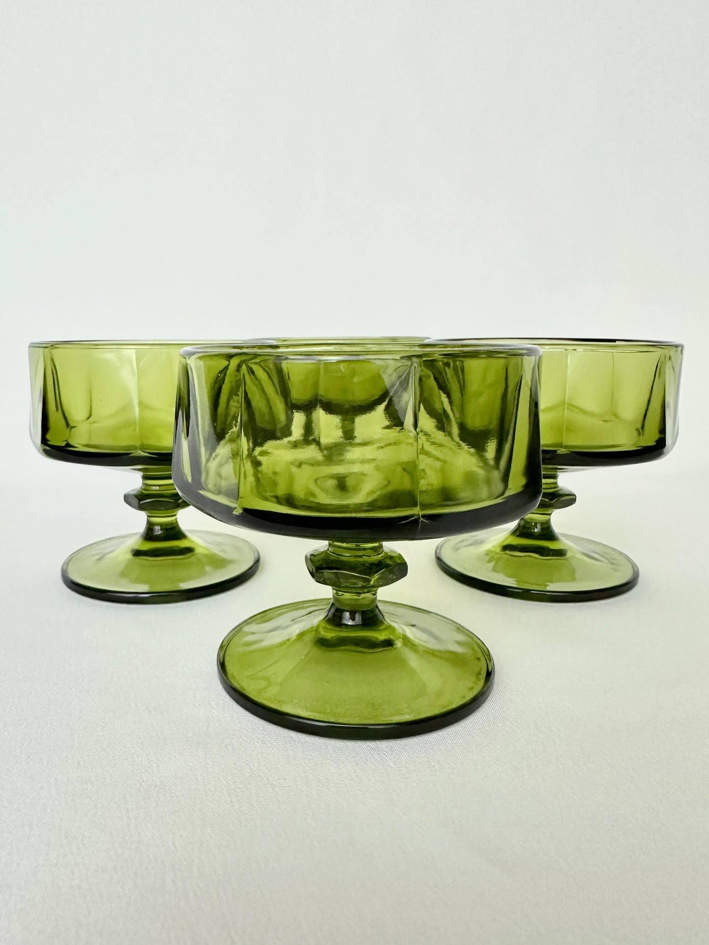 Vintage green pressed glass footed dessert cups set of four.