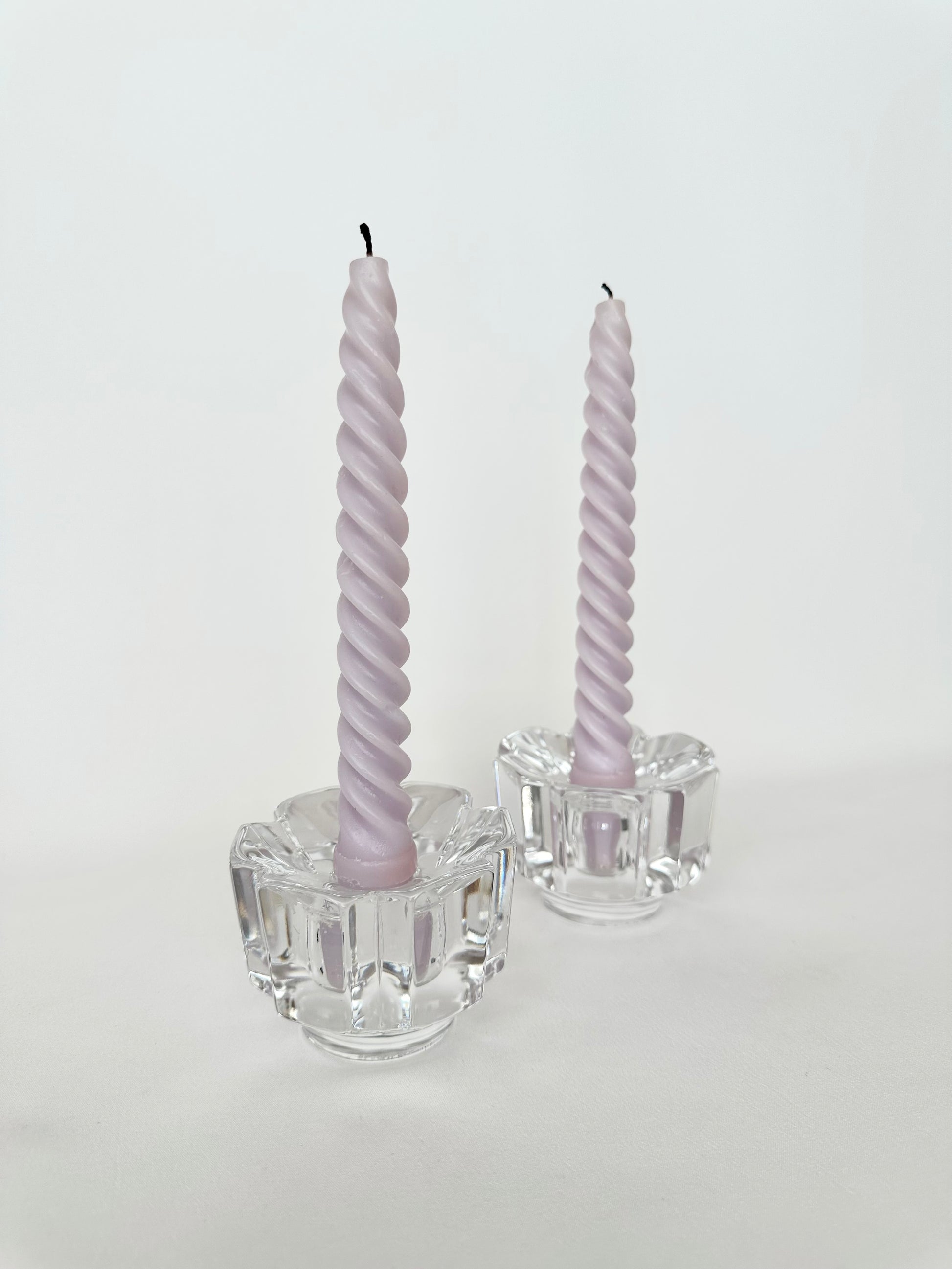 Vintage solid crystal flower geometric shaped candleholders set of two by orrefors