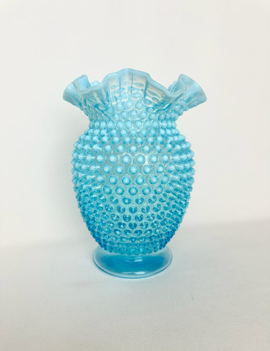 vintage turquoise opalescent hobnail ruffle rim vase by Fenton