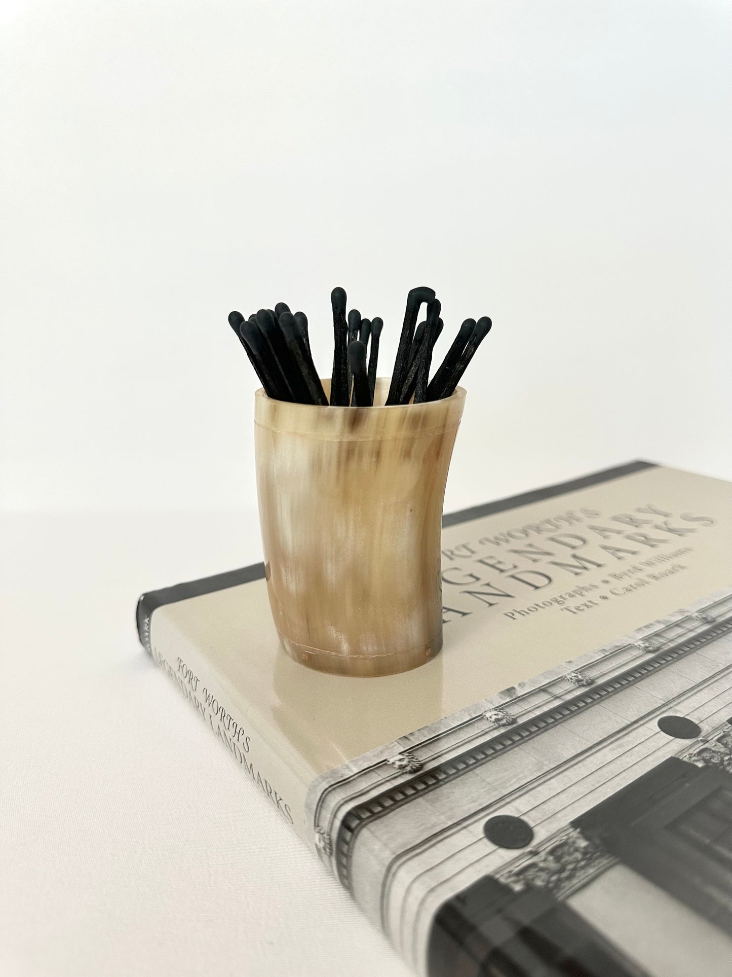 Vintage natural horn matchstick vessel paired with 20 black 4" matchsticks