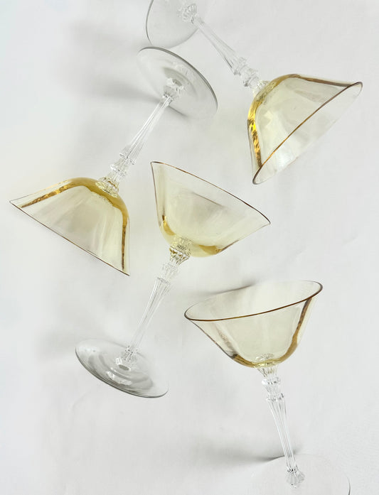 Vintage yellow and clear crystal depression glass coupes set of four.