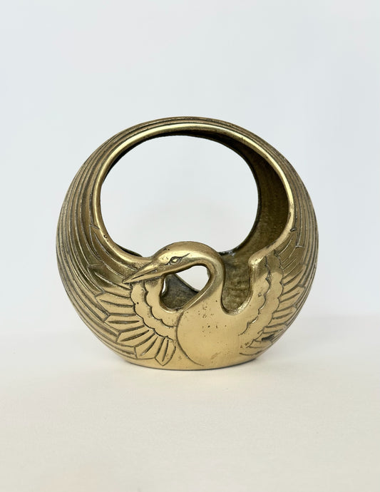 vintage brass circular swan shaped planter vessel