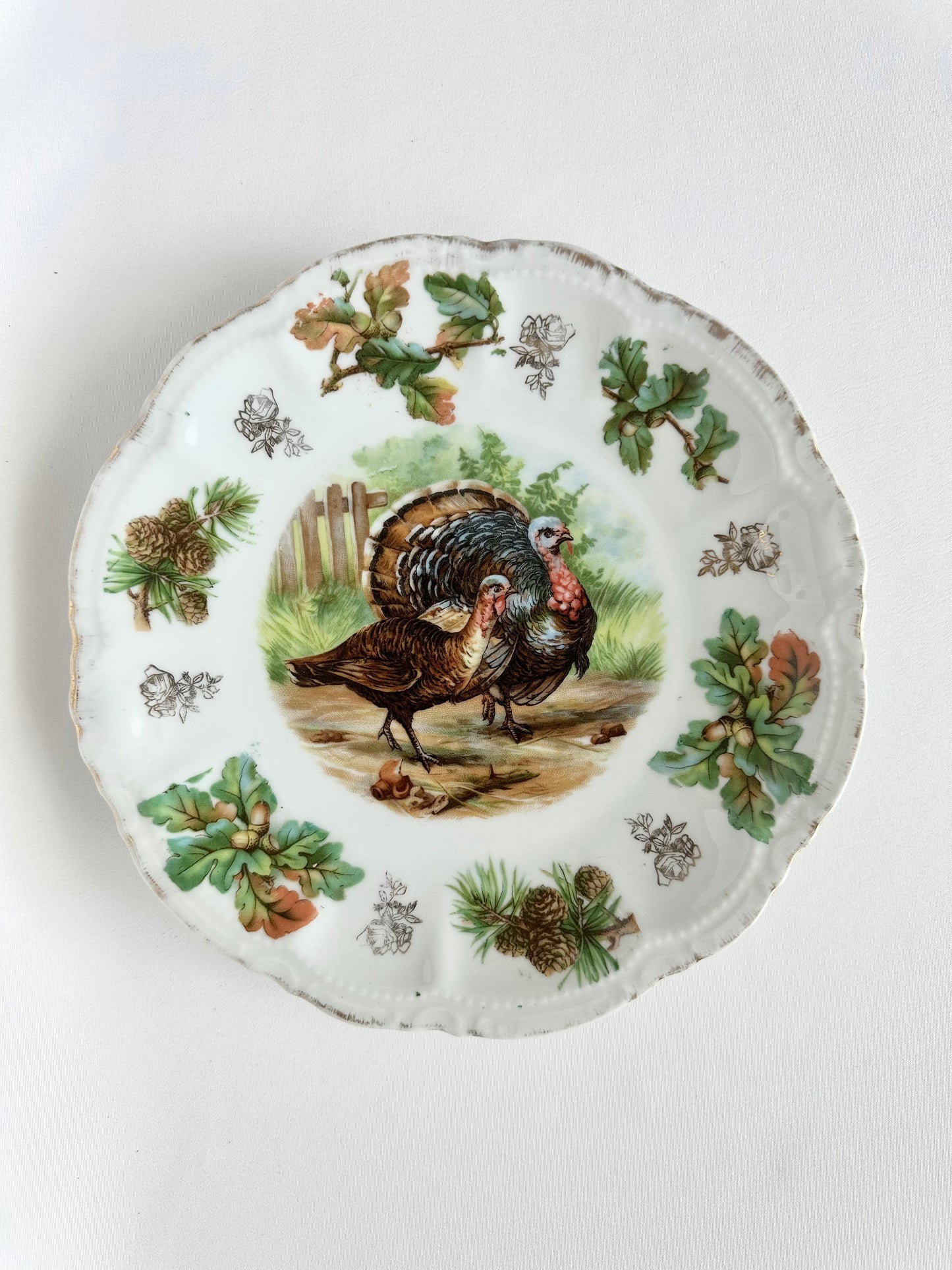 Vintage decorative porcelain scalloped plate with turkeys and foliage hand painted.