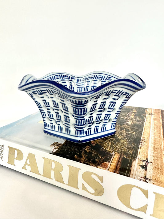 vintage blue and white pierced porcelain square decorative bowl