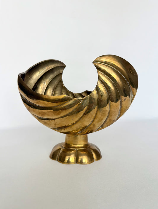vintage brass footed nautilus shaped planter or vase vessel with patina