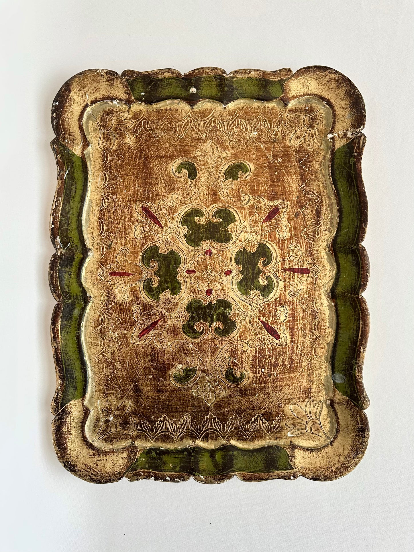 vintage Florentine wood rectangular scalloped tray painted in gold, green and maroon