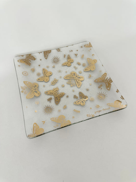 Vintage square textured small glass platter with gold butterfly pattern by Georges Briard.