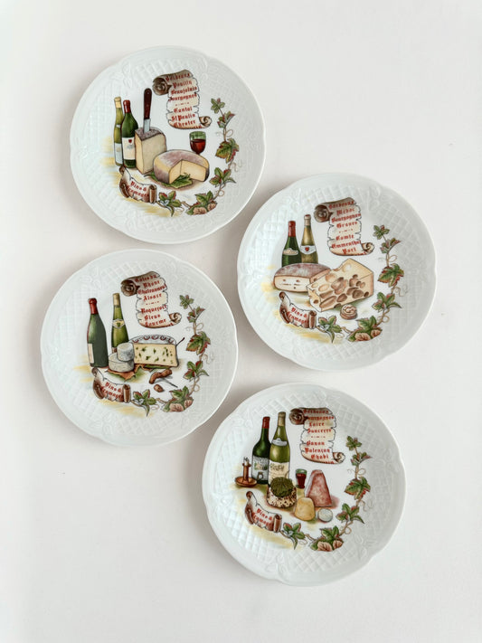 vintage canapé plates featuring wines and cheeses by Limoges france