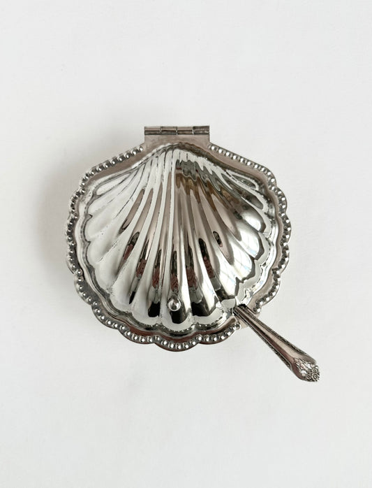 Vintage silverplate clamshell butter dish with glass insert and small fork