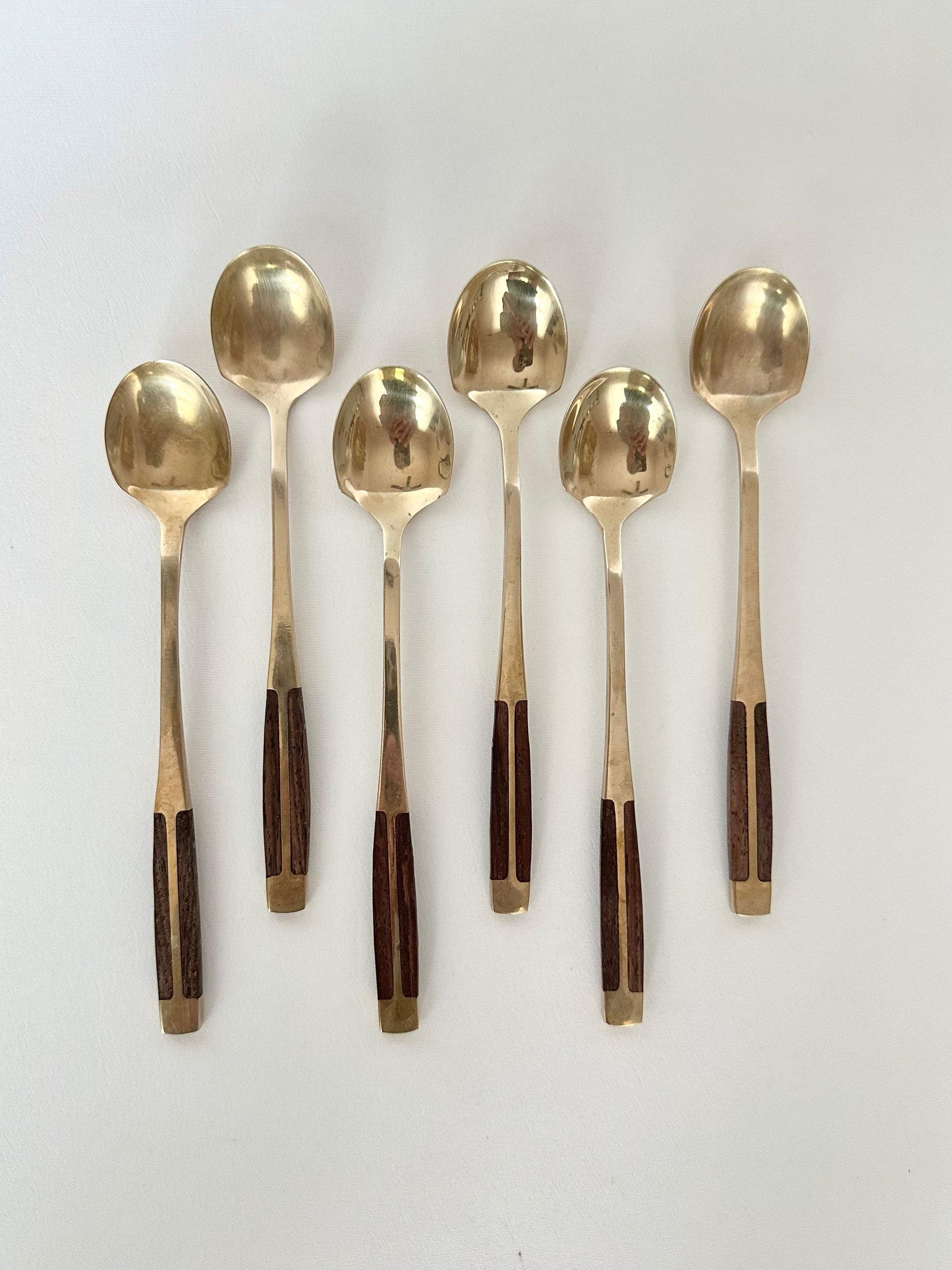 vintage teak and brass iced tea spoons. set of four or set of six